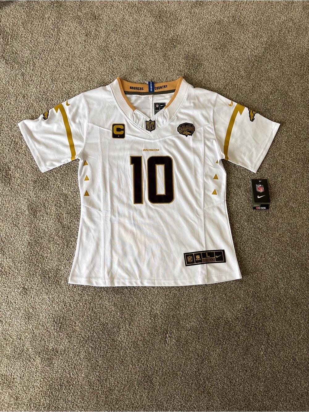 NWT Nike Bo Nix #10 Denver Broncos Youth L White Gold NFL Jersey